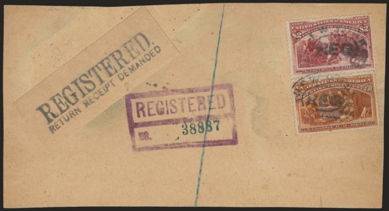 $2.00 Columbian (242).> Used with 30c Columbian, both well-centered, cancelled by New York registry oval on part of registered package wrapper, Very Fine and choice, Scott Retail for $2.00 on full cover is
$2,100.00