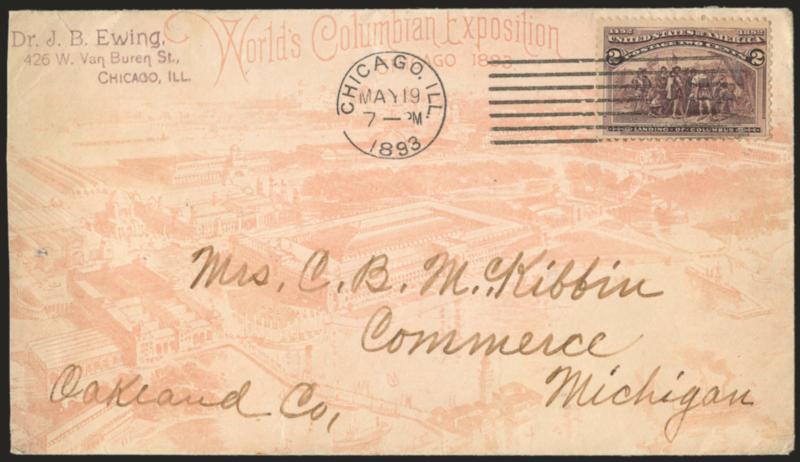 Columbian Issue Covers.> Four, incl. matched pair with one bearing 2c and one with pair of 1c on illustrated Exposition covers, another is 3c on 10c Columbian entire last bears 1c, 3c and 6c to Mass. (registered
usage), few small flaws, overall Fine-