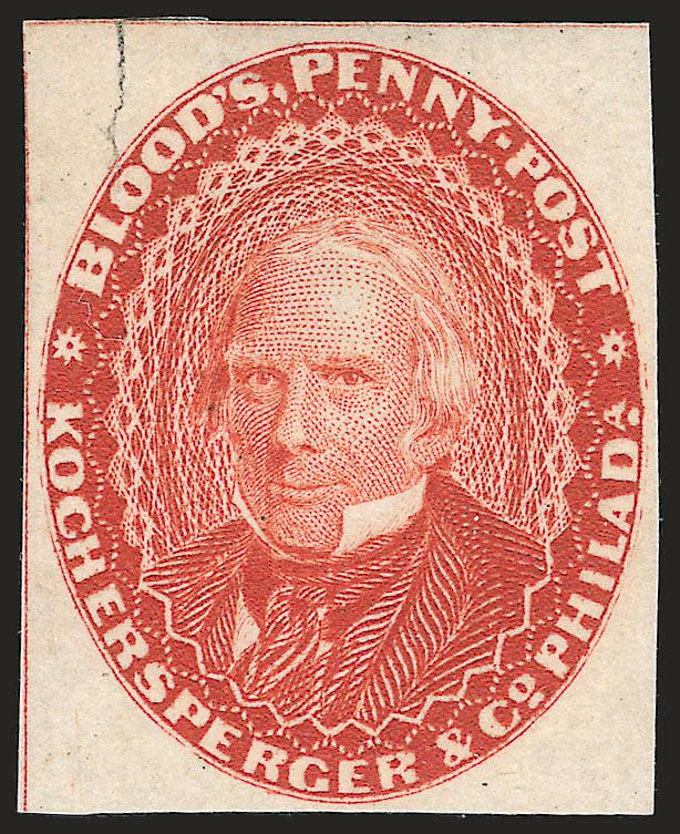 Bloods Penny Post, Philadelphia Pa., (1c) Trial Color Plate Proofs on Wove (15L18TC).> Four, incl. Green, Blue, Brown and Scarlet, the Green and Blue with part original gum, few flaws incl. Scarlet with tear at
top left, appear Fine-Very Fine