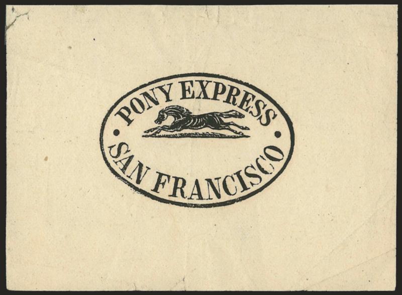 San Francisco Running Pony Handstamp.> Perfect proof strike of the Running Pony handstamp (without date) on 99 x 73mm wove, few creases, Very Fine appearing strike