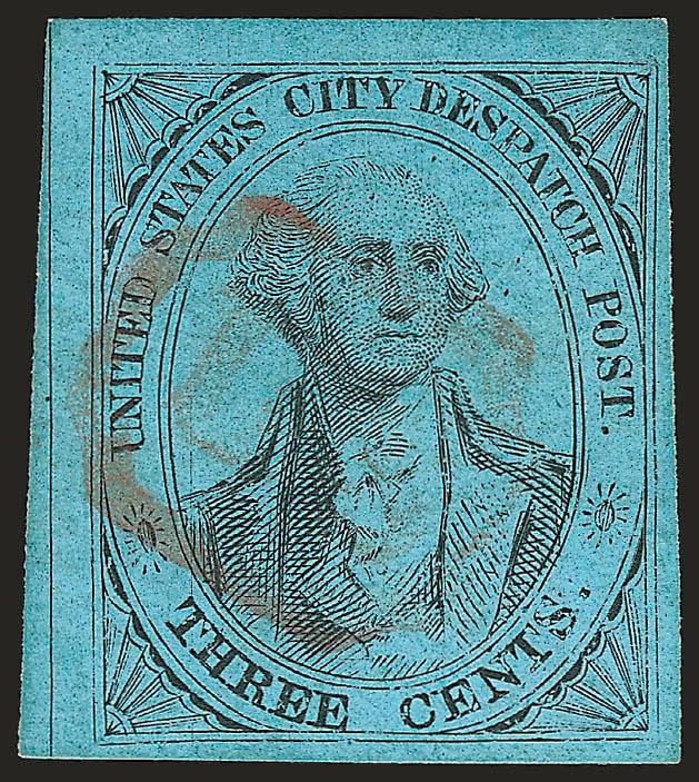 U.S. City Despatch Post, New York N.Y., 3c Black on Blue Glazed (6LB5b).> Large margins to full, intense shade, neat strike of U.S. in octagon handstamp, Very Fine, with 2001 P.F. certificate
