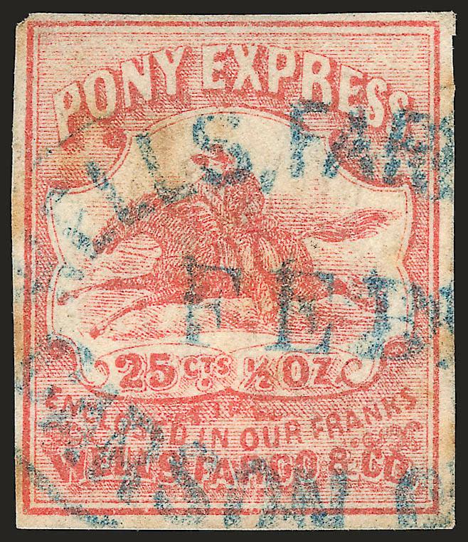 Wells, Fargo & Co. Pony Express, 10c Brown, 25c Blue, 25c Red (143L7-143L9).> Margins to just clear, each with blue Wells, Fargo oval handstamp incl. last with readable Carson City origination, few small flaws,
appear Fine