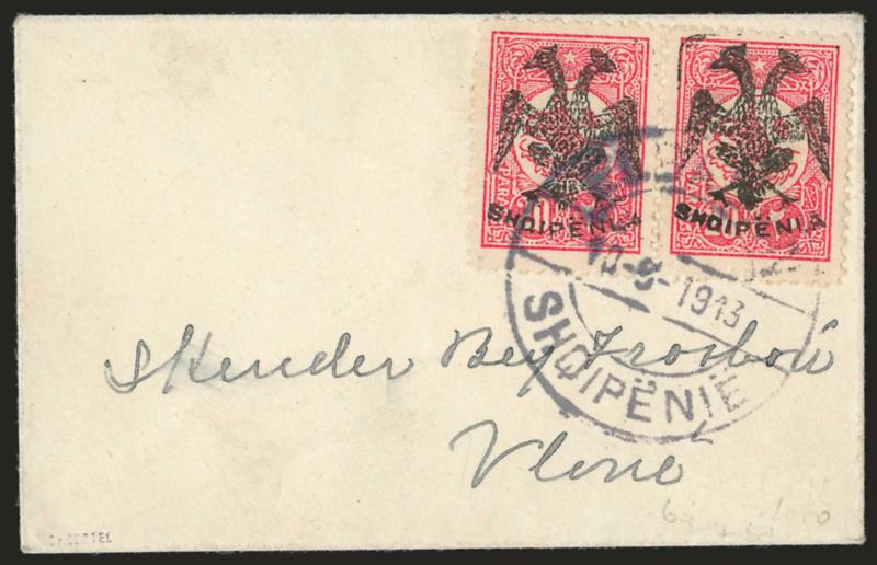 ALBANIA, 1913, 20pa Carmine Rose (6).> Horizontal pair, tied by Elbason Sept. 10, 1913 circular datestamp on petite cover to Vione, Very Fine, signed Dr. Oertel, Scott Retail as two off-cover used
singles