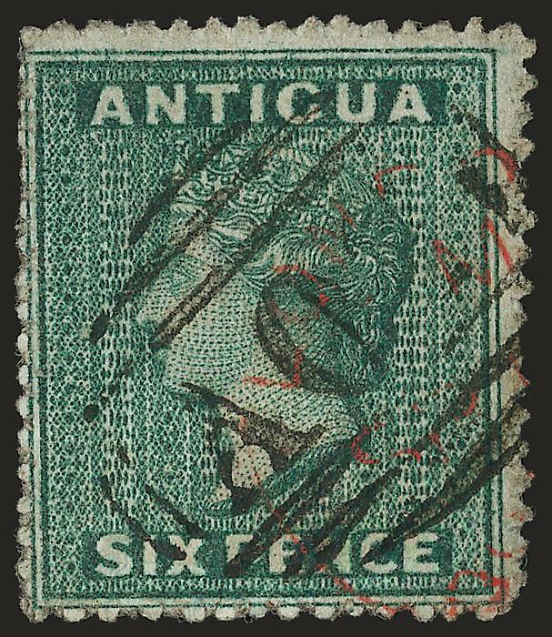 ANTIGUA, 1862, 6p Blue Green, No Wmk., Rough Perf 14-16 (1 SG 1).> A02 oval grid cancel, tiny thin spot, Fine appearance, SG £500