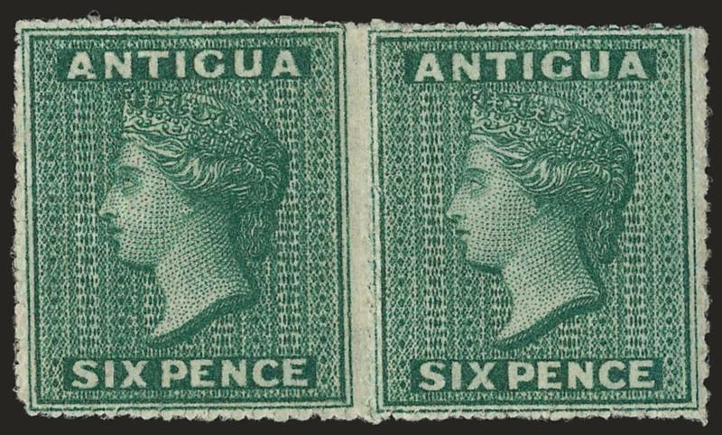 ANTIGUA, 1862, 6p Blue Green, No Wmk., Rough Perf 14-16 (1 SG 1).> Horizontal pair, original gum, fresh and Fine, attractive and scarce multiple, SG £1,600