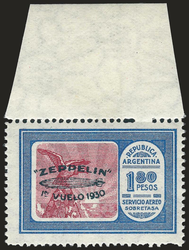 ARGENTINA, 1930, 1.80p Green Zeppelin Ovpt. (C29).> Mint N.H. with top sheet margin, single short perf, otherwise Very Fine, Scott Retail as hinged