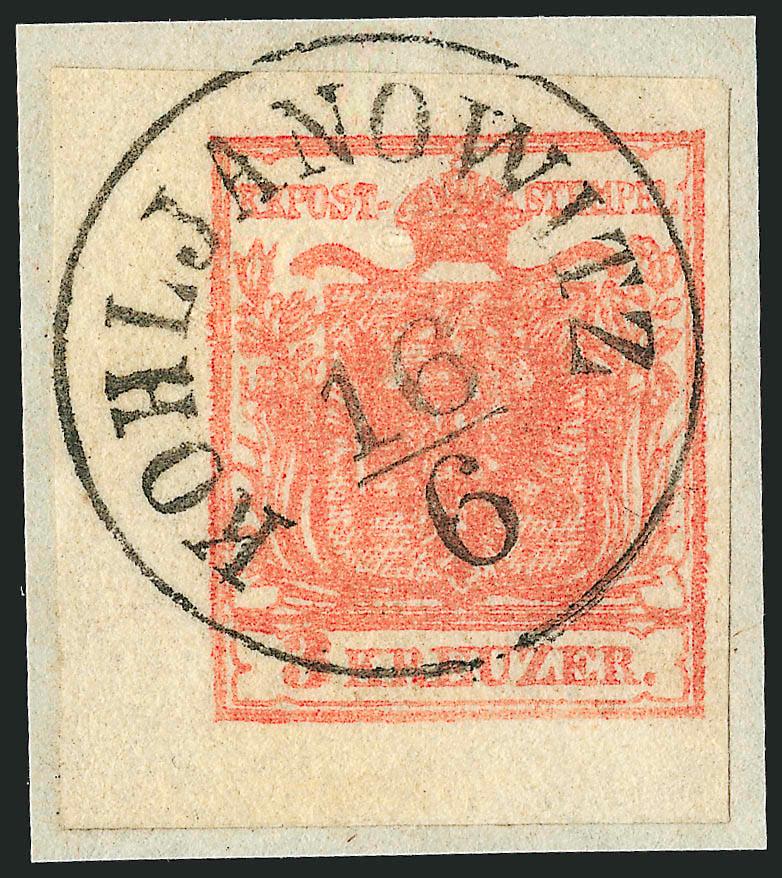 AUSTRIA, 1850, 3kr Red, Ty. Ia, Hand-Made Paper (3). Bottom left corner margin,> large margins other sides, bright color, tied by perfect strike of Kohljanowitz 166 circular datestamp on small piece, Extremely
Fine, Ferchenbauer value
