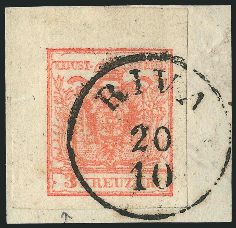 AUSTRIA, 1854, 3kr Red, Ty. IIIa, Machine Paper (3e). Top left corner margin> single, large margins other sides, tied by Riva 20 10 circular datestamp on small piece, light diagonal crease, otherwise Extremely
Fine, Ferchenbauer value