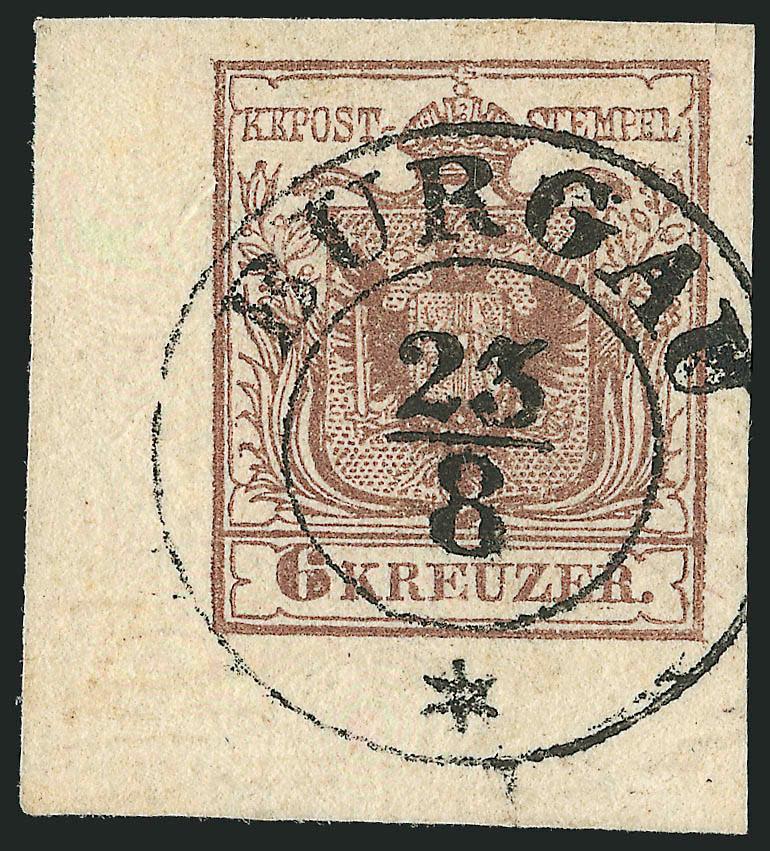 AUSTRIA, 1850, 6kr Brown, Ty. Ib, Hand-Made Paper (4).> Bottom left corner margin single,> large margins other sides, fresh color, neat strike of Burgau 238 circular datestamp, Extremely Fine Gem, a beautiful
stamp, Ferchenbauer value