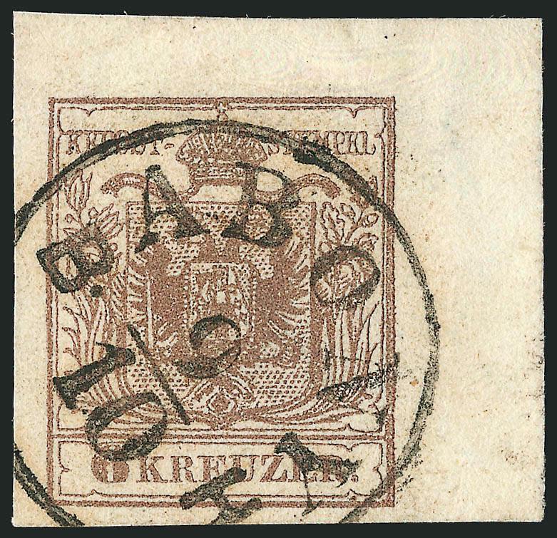 AUSTRIA, 1854, 6kr Brown, Ty. III, Machine Paper (4b).>Top right corner margin single,> large margins other sides, rich color, neat strike of abony 910> circular datestamp, Very Fine and choice, Ferchenbauer
value with no premium for the Hungari