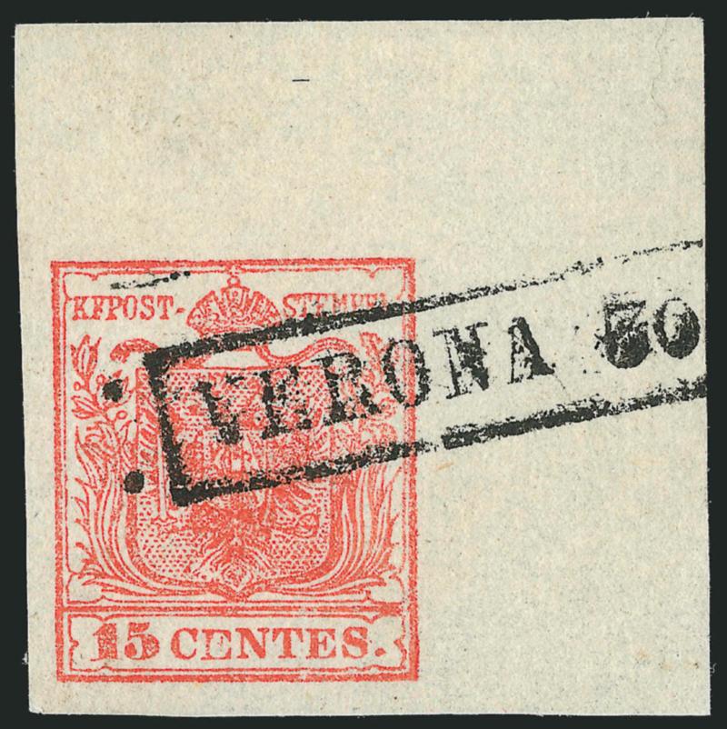 AUSTRIA, Lombardy-Venetia, 1850, 15c Red, Ty. I (4b).> Huge margins all around incl. <top right corner sheet margin,> bold boxed Verona handstamp, Extremely Fine Gem, Ferchenbauer value