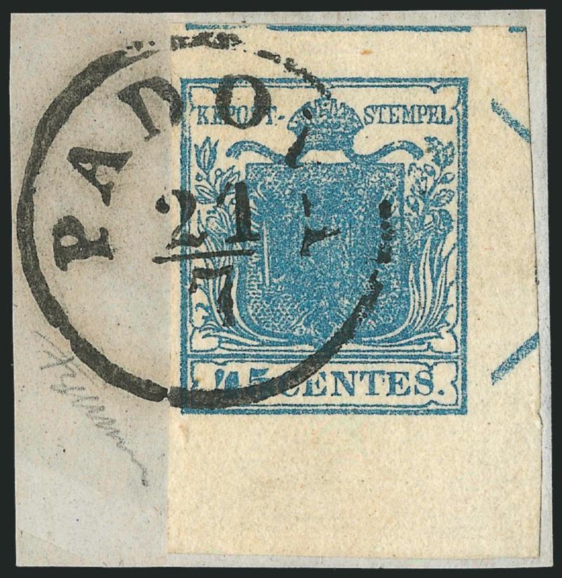 AUSTRIA, Lombardy-Venetia, 1850, 45c Blue, Ty. I (6a).> Huge margins incl. part of adjoining stamp at top and <bottom right corner sheet margin with part St. Andrews Cross at right,> tied by bold Padova 217
circular datestamp on small piece, piece