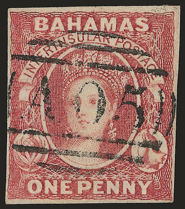 BAHAMAS, 1859, 1p Reddish Lake 1a SG 1).> Margins all around, neat A05 in oval grid cancel, Very Fine and very scarce, SG £2,250
