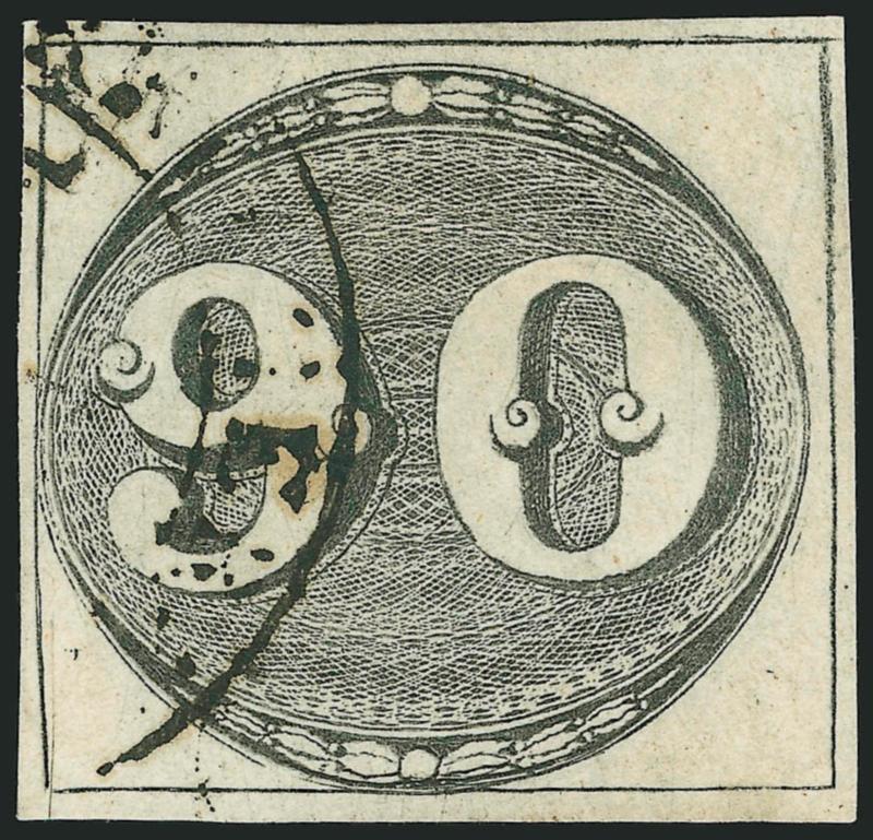 BRAZIL, 1843, 30r-90r Bullseyes (1-3).> Complete used set, margins all around, first two thin spots, last closed scissors cut, Fine-Very Fine appearance, after the Great Britain 1p Black, this is the second
earliest postage stamp issue of the world