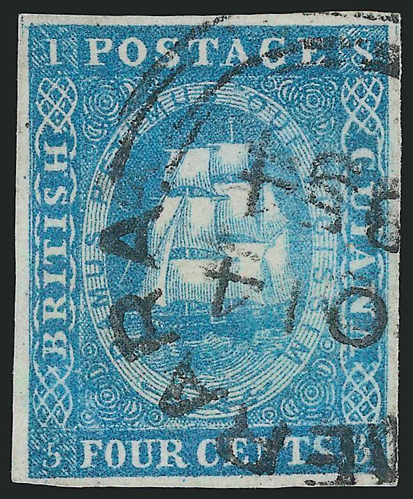 BRITISH GUIANA, 1853-59, 4c Deep Blue (10 SG 19).> Margins all around, wonderful color, 1854 Demerara datestamp, Very Fine, with 2007 B.P.A. certificate, SG £500