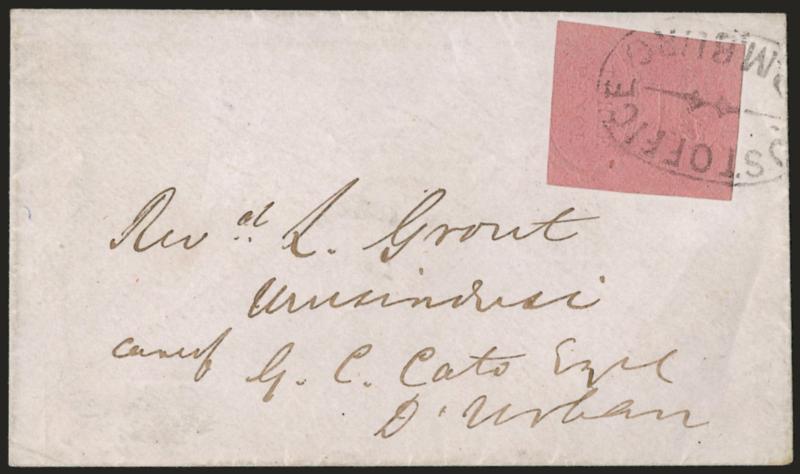 NATAL, 1857, 3p Rose (1 SG 4).> Margins to slightly in, on fresh cover to Durban tied by Post Office P.M. Burg (Pietermaritzburg) handstamp, Fine, with 1990 Holcombe certificate, Gibbons minimum value on
cover