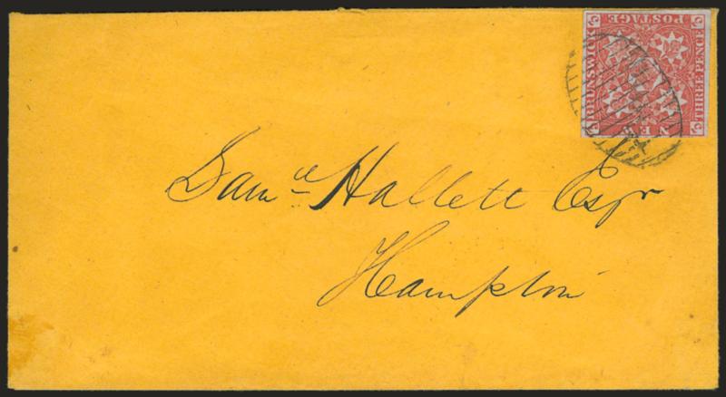 NEW BRUNSWICK, 1851, 3p Red (1).> Ample to huge margins, tied by barred oval on neat orange cover to Hampton (Ferry), partial strike of St. Johns N.B. AP 1 1856 backstamp and clear strike of receiving
backstamp, flap tears and small piece missing,
