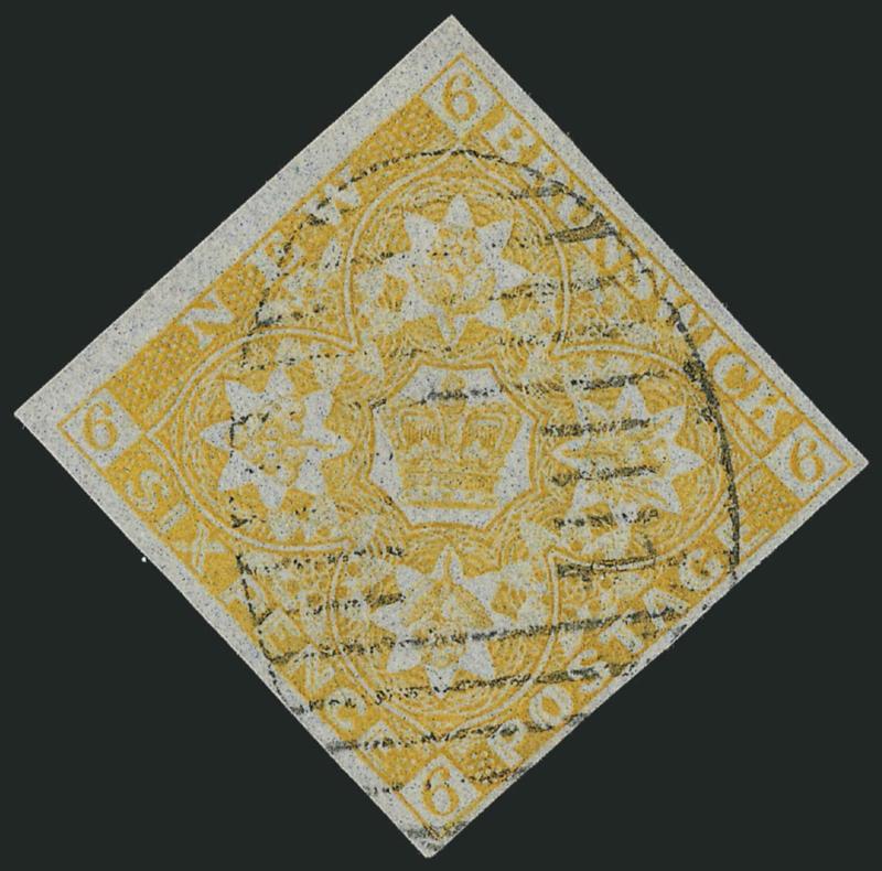 NEW BRUNSWICK, 1851, 6p Olive Yellow (2 SG 4).> Full to huge margins, intense color on deeply blued paper, well-struck oval grid cancel, Extremely Fine and choice, SG £700