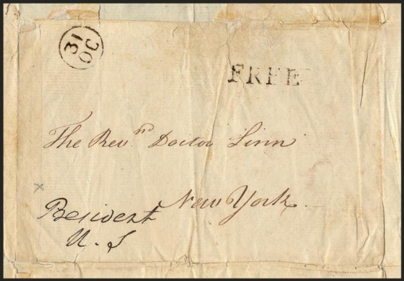 George Washington.> Free Frank as President <<President U.S.>> on one-page folio with letter written and signed by Washingtons secretary, Tobias Lear, datelined <<Philadelphia October 31st 1791>>, brown OC31
Franklin mark and matching Free