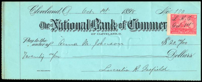 Lucretia R. Garfield.> Widow of President James A. Garfield, signature on Oct. 1, 1898 National Bank of Commerce of Cleveland check for $20.00, 2c Battleship Revenue with her personal initials and date, Very
Fine, with attractive engraved portrait