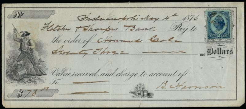 Benjamin Harrison.> Signature on May 4, 1876 check for $73.00 with military vignette of musketeer at left and 2c Blue Revenue R152 at top right, written the year Harrison sought office as the Governor of
Indiana, couple tiny flaws, Fine
