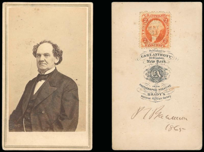 Phineas T. Barnum.> American showman, signature on reverse of half-length photograph dated 1865, made from a Brady negative from the National Portrait Gallery, First Issue Revenue 2c Orange Bank Check
perforated also on back, Very Fine