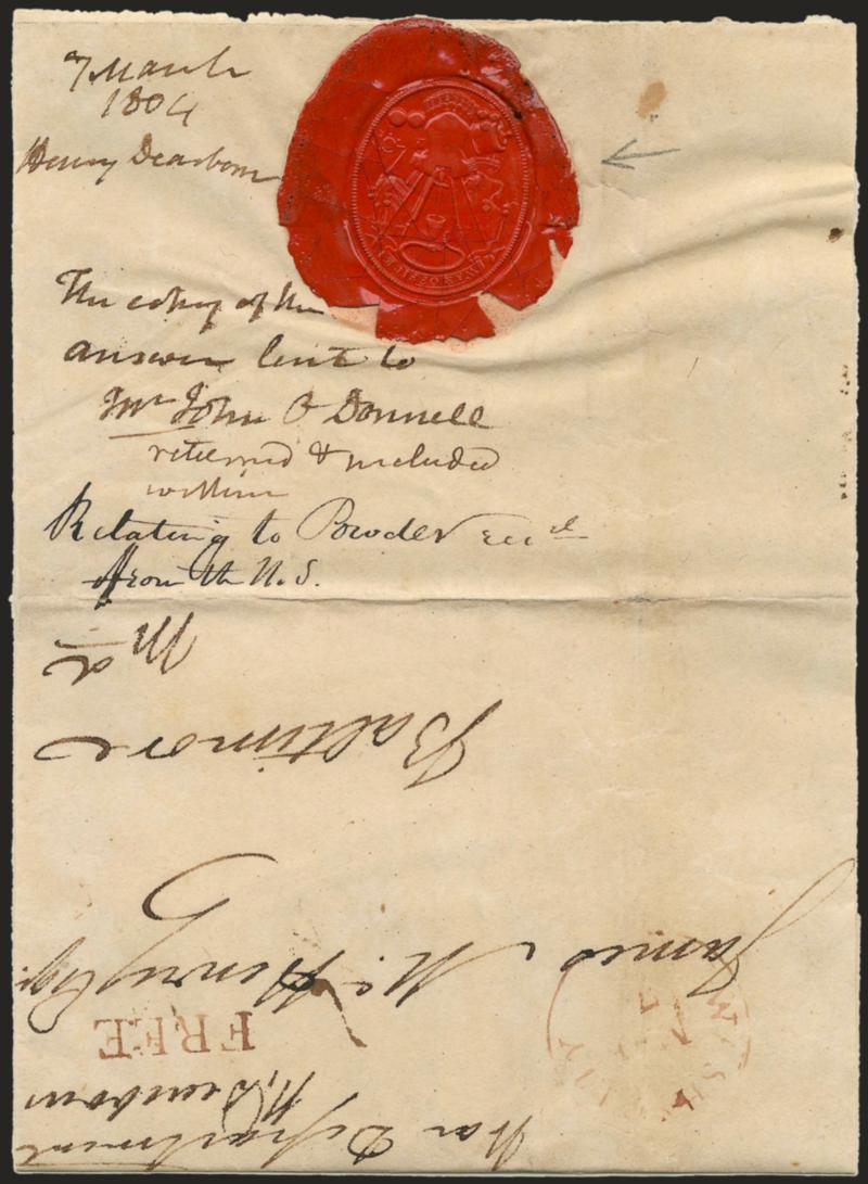 Henry Dearborn.> Free frank <<H. Dearborn>> as Secretary of War under Jefferson, magenta Washn. City Mar. 7 circular datestamp and matching Free straightline on folded cover to James McHenry in Baltimore,
intact red War Office wax seal, refol