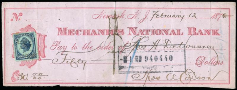 Thomas A. Edison.> Inventor, signature on Feb. 12, 1876 Mechanics National Bank check for $50.00, 2c Blue Revenue R152 at left, some staining round spindle cuts and small separations at folds, otherwise Fine,
with photograph