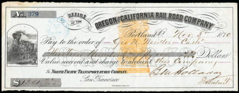 Ben Holladay.> Financier and transportation tycoon, signature as president of the railroad on a part-printed Nov. 3, 1870 Oregon and California Railroad check for $350.00, nice train vignette at left and 2c
Orange Revenue Stamp Paper RN-16 at center,