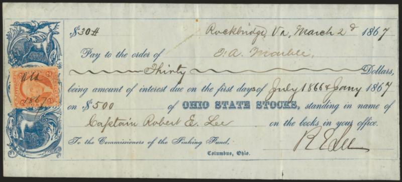 Robert E. Lee.> Commanding General of the Armies of the Confederate States of America, <<R E Lee>> signature on Mar. 2, 1867 draft executed at Rockbridge Va. for $30.00, being interest due for the period July
1, 1866, and January 1, 1867, on $500.0