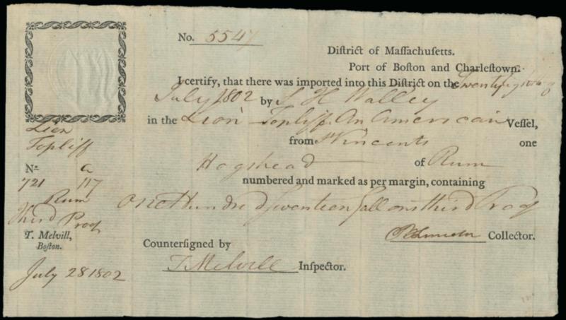 Benjamin Lincoln.> Major General in the Continental Army, received General Cornwallis sword at the British surrender at Yorktown, signature as Collector for the Port of Boston and Charlestown on July 28, 1802
part-printed importation document for on