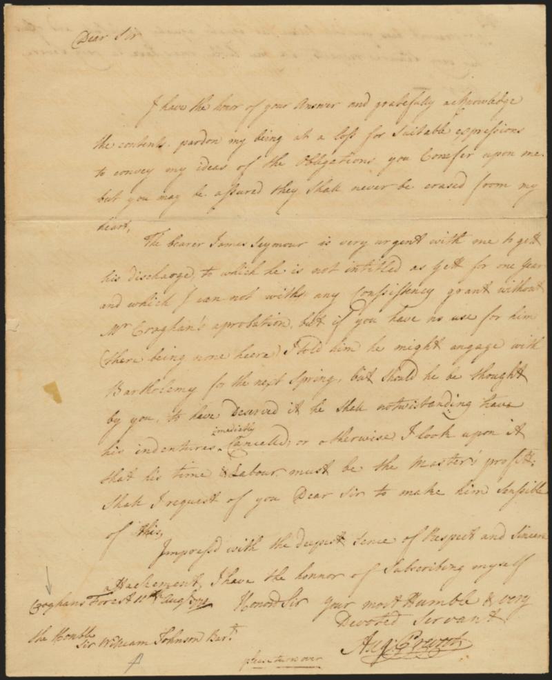Augustine Prevost.> British General in Revolutionary War, one-page autograph letter signed, datelined Croghan Forest, Aug. 11, 1771, to Sir William Johnson, Superintendent of Indian Affairs, colonial landowner
and military figure, with his receipt do
