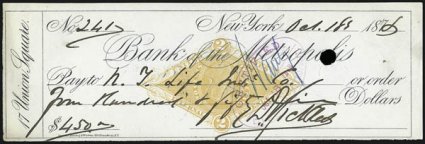 Checks Signed by Union Civil War Generals.> Four different autographs on 1870s to early 1880s checks with 2c Stamped Paper Revenues, incl. <Major General Daniel E. Sickles> (Feb. 27, 1859, shot and killed
Philip Barton Key, son of Francis Scott Key
