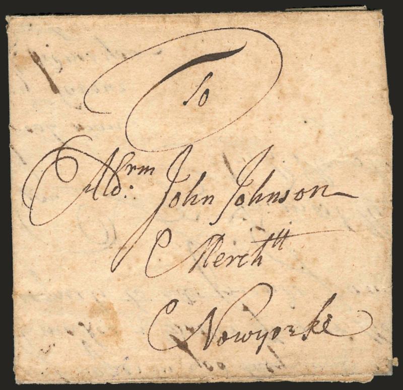 (Portsmouth N.H., 1718) Portsmouth 29th July 1718.> Dateline on folded letter to Alderman John Johnson in New York, no postal markings but letter refers to Capt. Chase, also mentions delivery of coal to Boston,
minor toning and splits along folds
