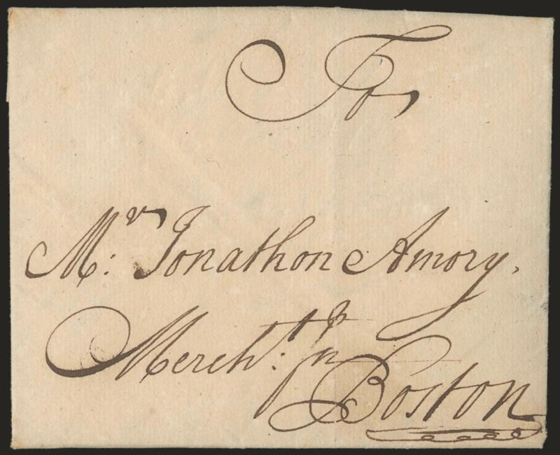 (Charleston S.C., 1722) Charles Town May ye 25th 1722.> Dateline on folded letter to Jonathan Amory in Boston, carried outside the mails, Very Fine and early Colonial South Carolina cover