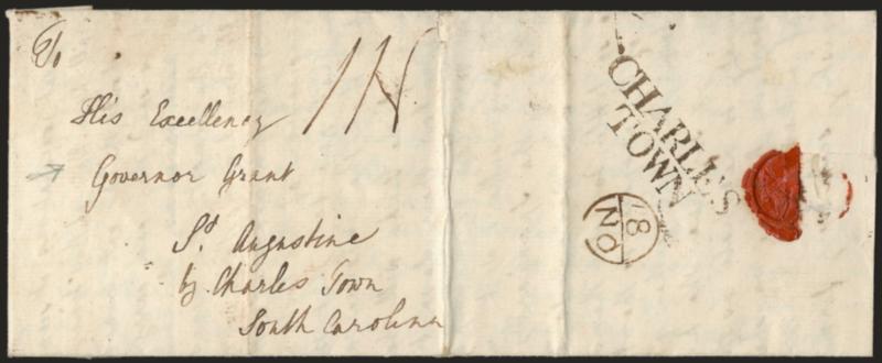 (East Florida-South Carolina, 1770) CHARLESTOWN.> Clear strike of brownish-black two-line handstamp on folded cover with three pages of original letter dated <<November 7th>> <from London, England, to James
Grant, British Colonial Governor of Ea