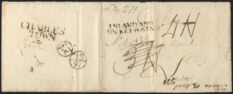 (East Florida-South Carolina, 1774) CHARLESTOWN.> Clear strike of brownish-black two-line handstamp and ^IV14^ (Jun. 14) Franklin mark on back, equally sharp strike of <^INLAND ANDPACKET POSTAGE^> two-line
handstamp on address side of folded