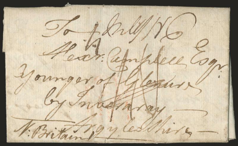 (British Occupation of Long Island, 1776) Long Island, Sept. 24th 1776.> Dateline on 3pp folded letter from British soldier Alexander Campbell to his brother near Inverary, Scotland, ms. 1N packet rate and
Inall 1N6 combined packet and inland r