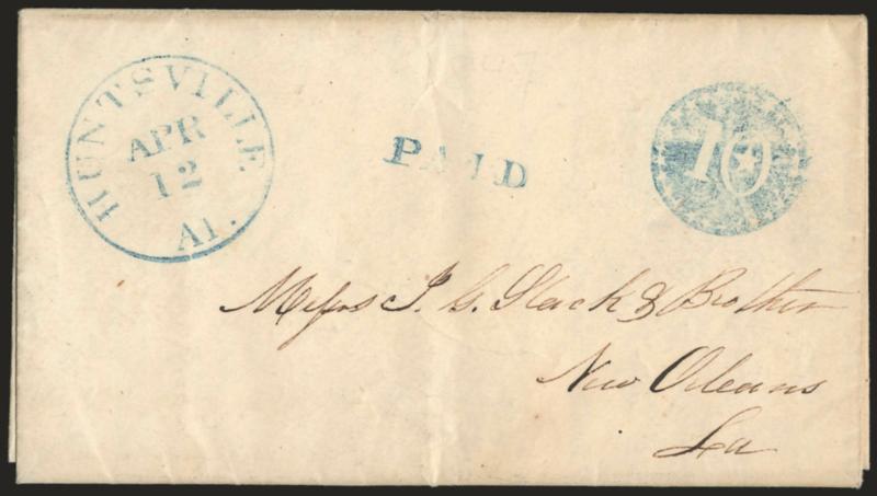 Huntsville Al. Apr. 12.> Bold blue circular datestamp, matching perfect strike of <10 in circle of stars> fancy rate handstamp on 1847 folded letter to New Orleans, matching Paid handstamp, fresh and Very
Fine