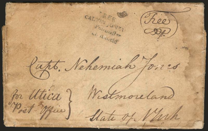 FREECALVIN JONESPostmafterSmithfield (N.C.).> Clear strike of four-line handstamp, ms. Free and initials, on Oct. 12, 1792 folded letter to Westmoreland N.Y., senders instructions <<for Utica Post Office>> at
bottom left, some political conte