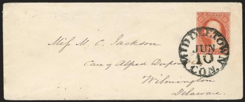 3c Yellowish Rose Red, Ty. I (11 var).> Full margins to just touched, beautiful color, tied by Middletown Con. Jun. 10 circular datestamp on cover to Wilmington Del., fresh and Very Fine, with 2006 P.F.
certificate and note by Dr. Amonette
