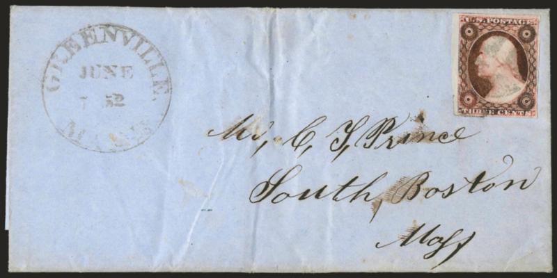 3c Dull Red, Ty. II (11A).> Large margins to clear incl. part of adjoining stamp at top and <sheet margin> at left, light pre-use creases at bottom left, intense shade (some oxidation), tied by quartered cork,
<Greenville Maine Jun. 7, 1852> year-d