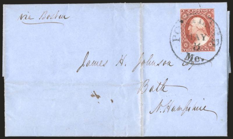 3c Experimental Orange Brown, Ty. II (11A var).> Position 30R1L, beautiful color, clear margins all around, tied by Portland Me. May 3 circular datestamp on blue 1852 folded letter to Bath N.H., vertical file
fold well clear of stamp, Very Fine usa