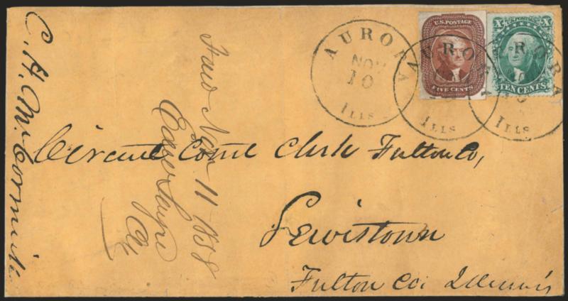 5c Red Brown (12).> Used with <10c Green, Ty. V (35),> tied by Aurora Ills. Nov. 10 circular datestamps on cover to Lewistown Ill., 5c repaired at bottom left, all flaps reattached, still Fine appearance,
scarce five-times domestic rate usage with