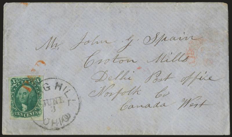 10c Green, Ty. I (13).> Large even margins all around, tied by Burg Hill Ohio June 3 circular datestamp and also by <red Paid> handstamp on blue 1857 cover <to Croton Mills, Canada West,> light strike of red
Ud. States Paid 6d in arc at right,