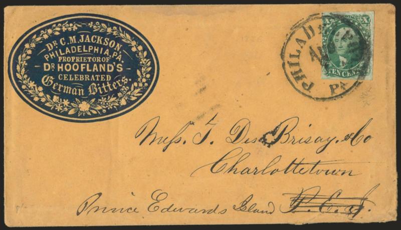 10c Green, Ty. II (14).> Large margins to just in at left, tied by Philadelphia Pa. Aug. 5 circular datestamp on buff cover <to Charlottestown, Price Edward Island,> transit and receiving backstamps, with
<German Bitters makers blue cameo corner c