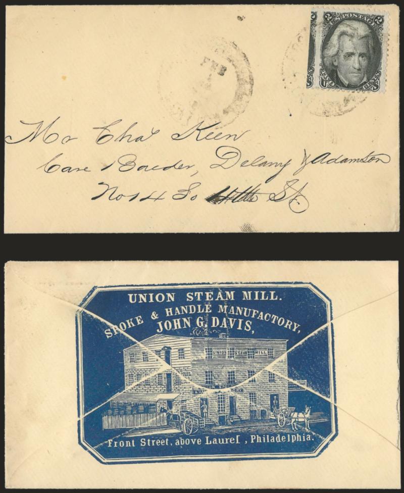 2c Black (73).> Natural s.e. at left incl. significant portion of adjoining stamp, tied by indistinct strike of Philadelphia circular datestamp on locally-addressed cover, back with <steam mills blue cameo
corner card with illustration of the mill,>