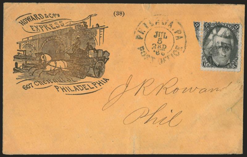 2c Black (73).> Showing part of adjoining stamp at left, tied by quartered cork, Philada. Pa. Post Office July 5 3rd 66 double-circle datestamp on locally-addressed <Howard & Co.s Express illustrated
advertising> cover, stamp with small scrapes,