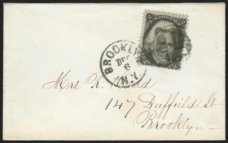2c Black (73).> Tied by <negative L in circle fancy cancel> and Brooklyn N.Y. Dec. 6 circular datestamp on ladys petite cover to local street address, Very Fine and attractive