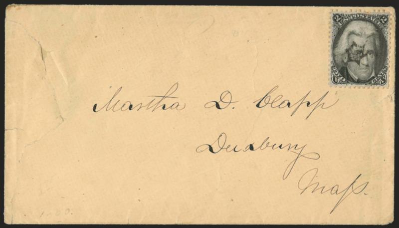 2c Black (73).> Choice centering, tiny tear at top, cancelled by <Hingham Bat fancy cancel> on unsealed cover to Duxbury Mass., cover torn at left, otherwise Very Fine, with 2003 P.F. certificate